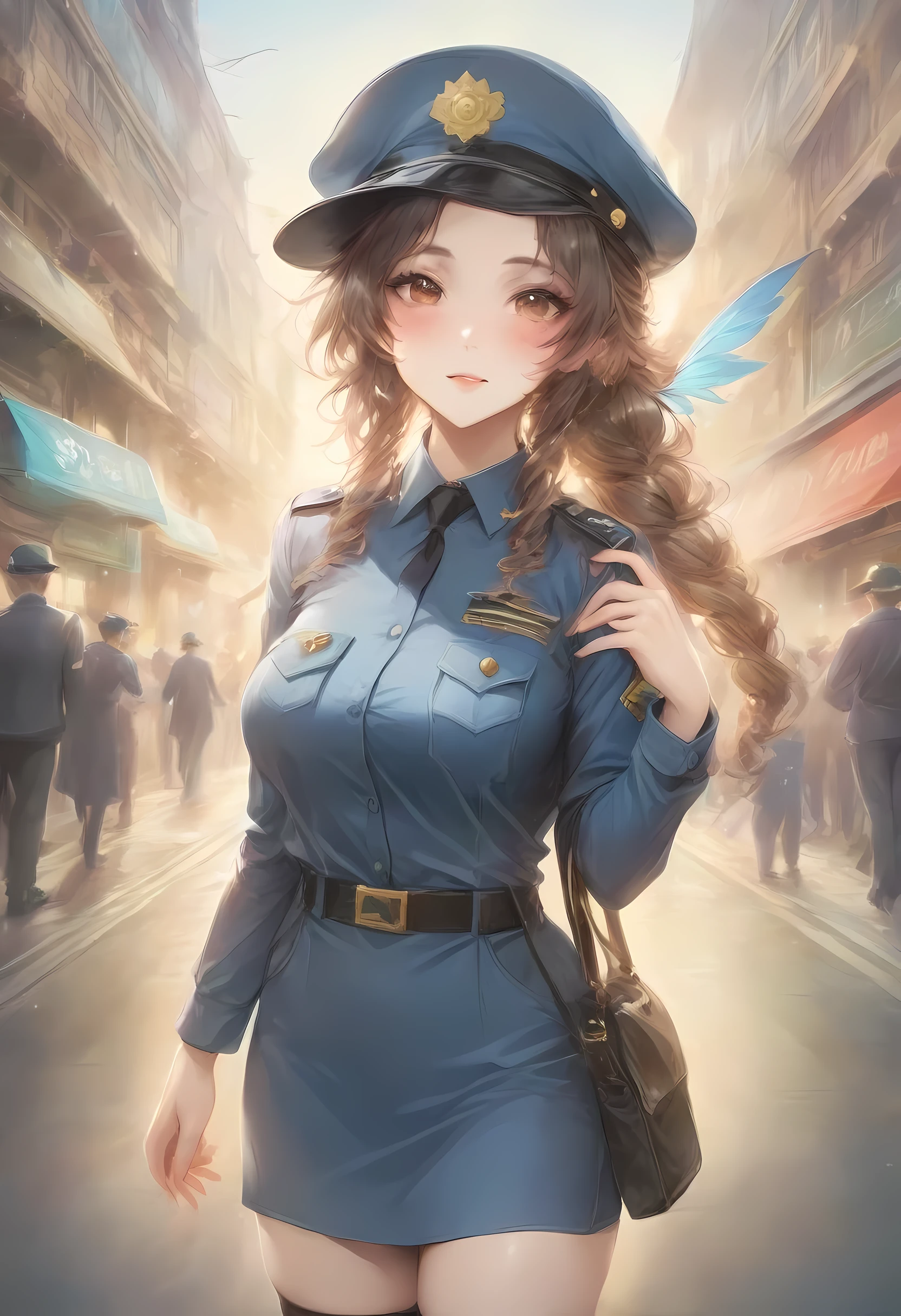 masterpiece, best quality, very aesthetic, absurdres, full body shot,(police costume:1.3), (button gap:0), police skirt, police cap, stockings with garter, on the crowed street, spirit of the wind, 1girl, aerith gainsborough, final fantasy