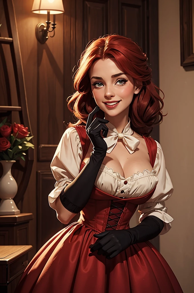 A sexy/cute, historicially acurate dickensian lady sweet/wholesome skinney , Traditional/conservative dress. Exudes love, conservative values. Thick Red hair. elegant dickensian dress. , fair-skinned woman, view viewer, Face Madura, Delicate gloves,, attractive look, impressive woman, romantic mood. Excited, happy, smileing, laughing.. Prudishly dressed.