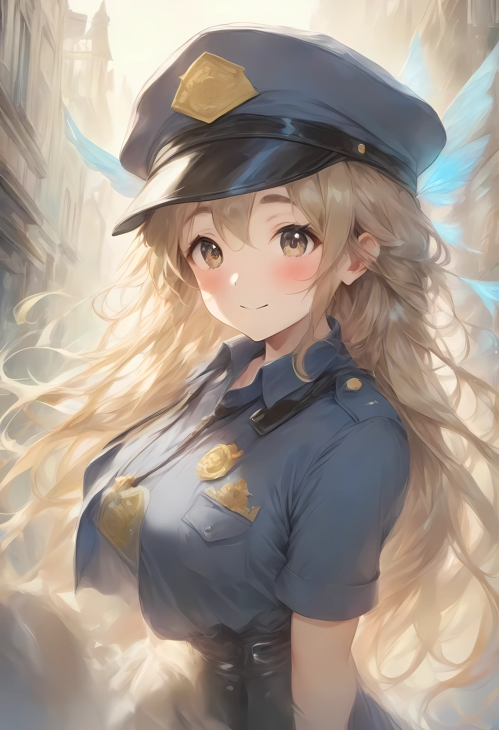 masterpiece, best quality, very aesthetic, absurdres, full body shot,(police costume:1.3), (button gap:0), police skirt, police cap, stockings with garter, on the crowed street, spirit of the wind, 1girl, kotobuki tsumugi, k-on!
