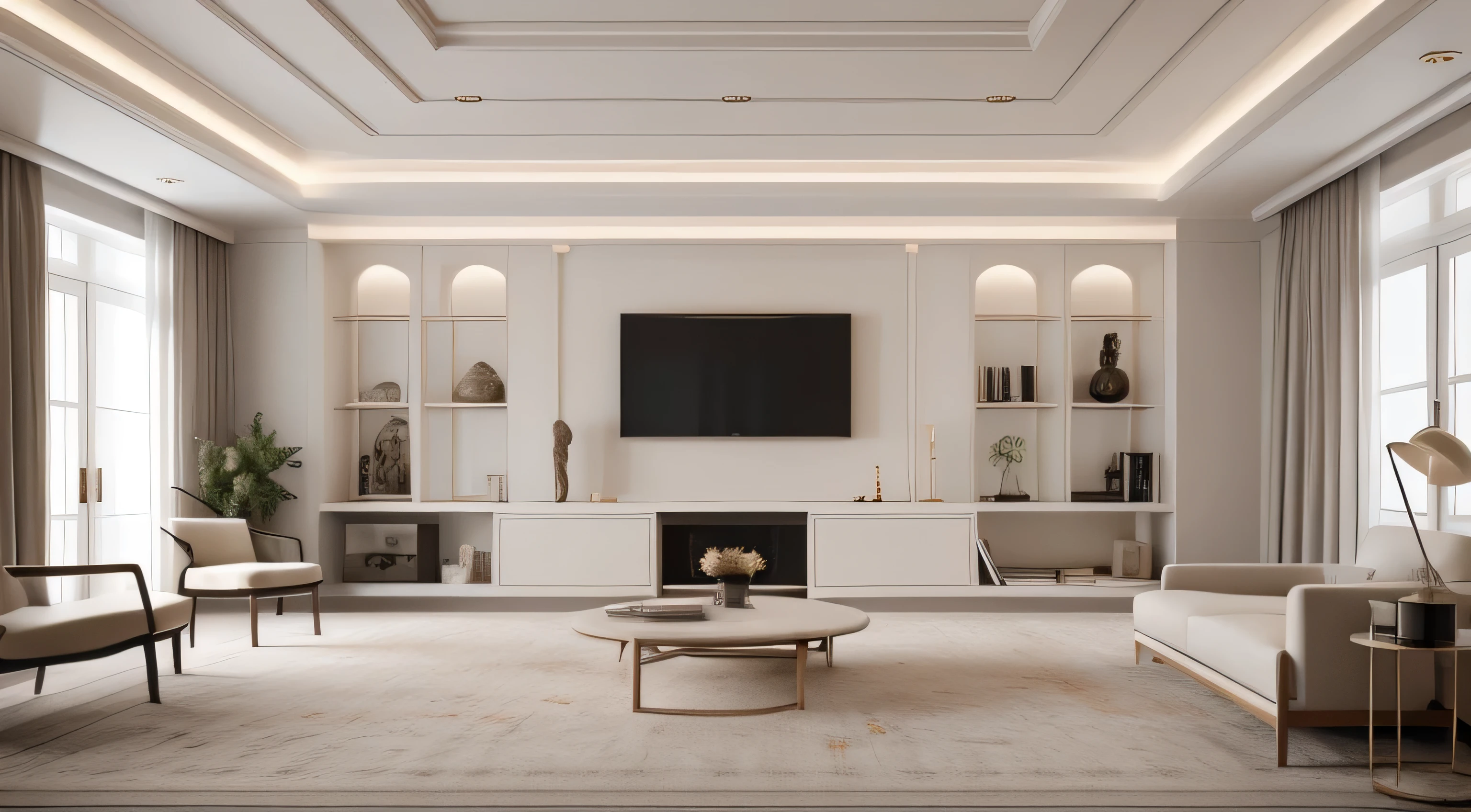 there is a large living room with a flat screen tv, all white render, cream - colored room, interior living room, clean and pristine design, cabinets, natural light in room, well lit 3 d render, classical style, neo - classical style, high end interior, high quality 3d render, high quality 3 d render, luxury hd render, 3d product, render in vray