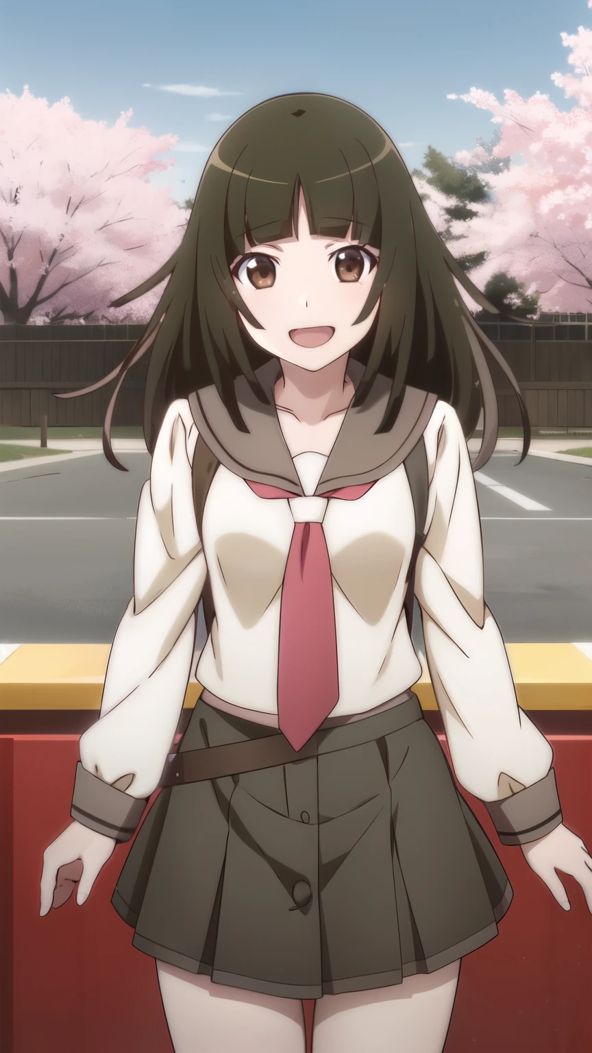 1girl, solo, looking at viewer,
nadeko01, medium hair, brown hair, brown eyes, bangs, blunt bangs, skirt, collarbone,
, serafuku, long sleeves, necktie,
smile, open mouth, cowboy shot, park, flowers, trees,
