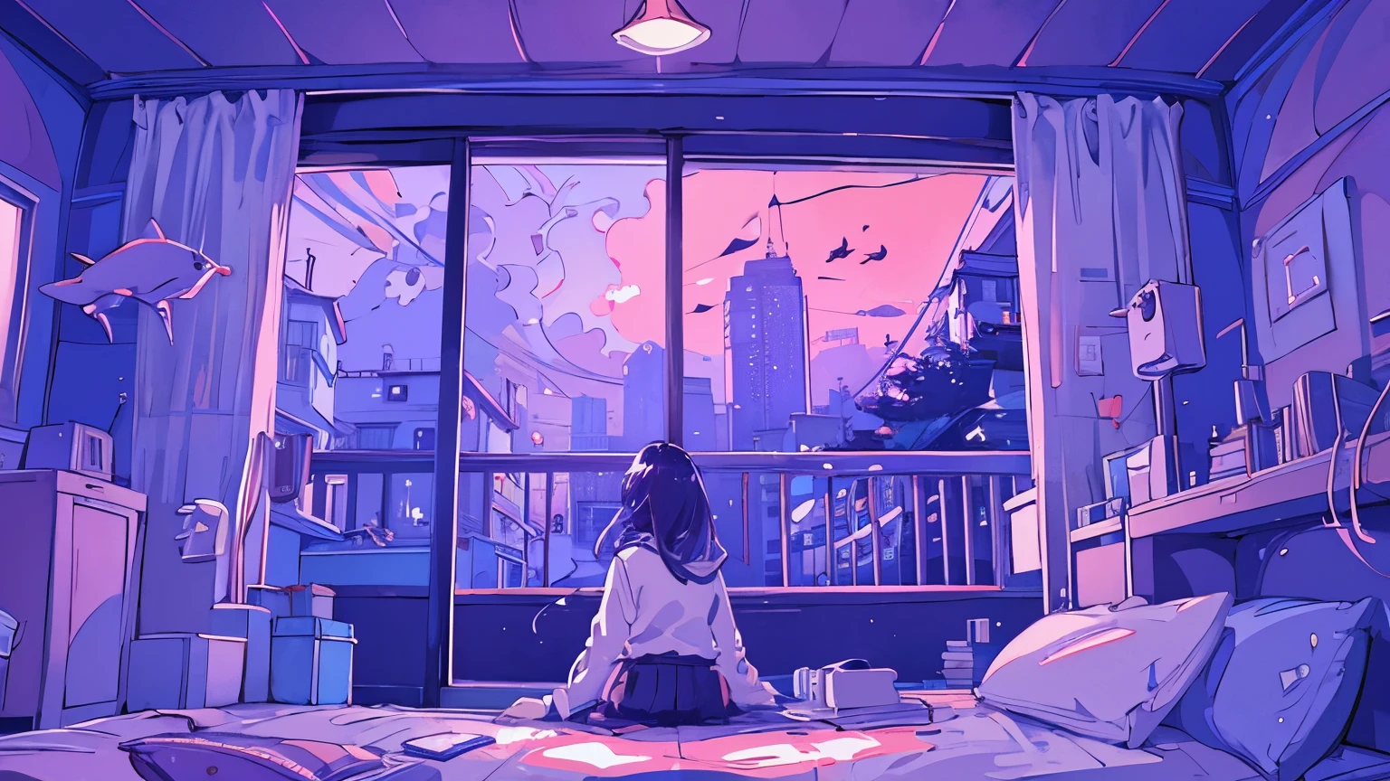 Mountain hut in the middle of nature、A girl is drinking coffee by the window at night and listening to music on headphones。quiet atmosphere。The room is lit by a fireplace and moonlight.。80&#39;s、city pop、Japanese anime、A girl is listening to music on headphones with a cup of coffee by the window、The room is stylish、It&#39;s night outside、Tokyo night view、Images that match lofi music、4K、cyber punk