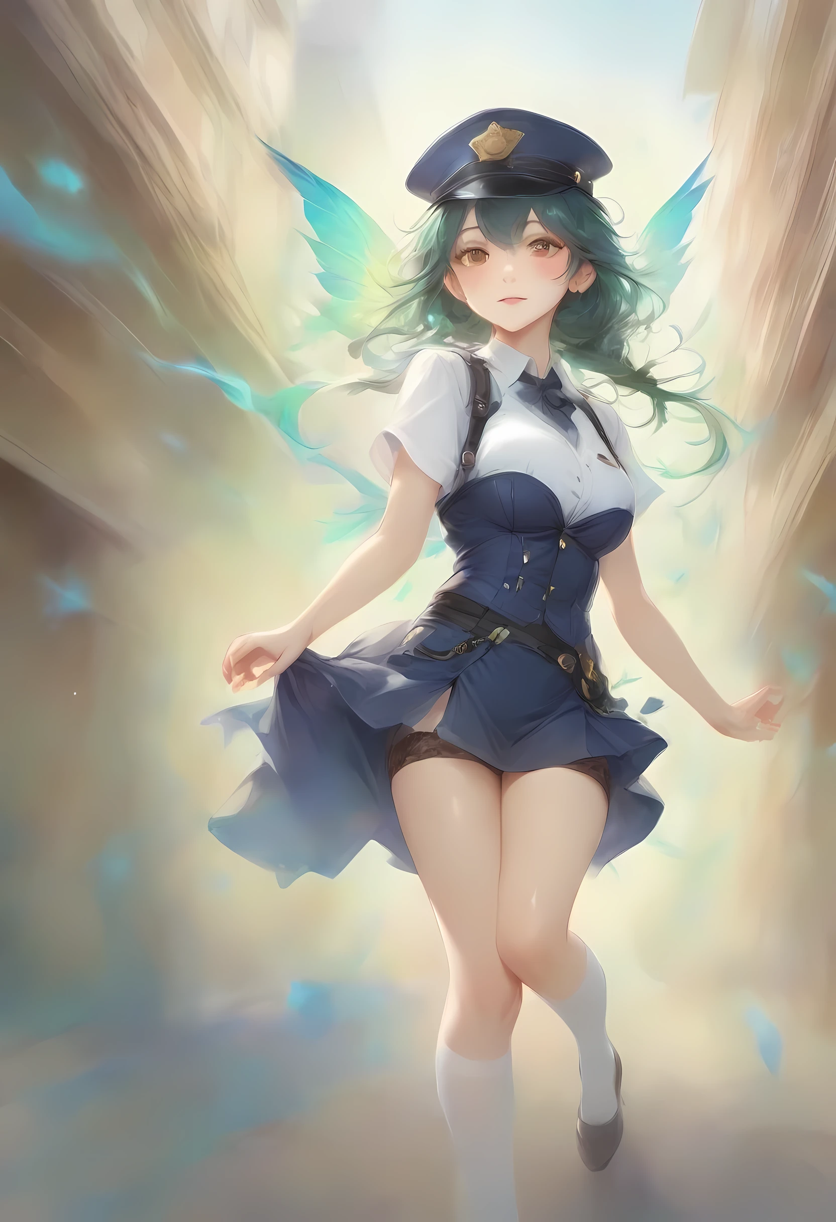 masterpiece, best quality, very aesthetic, absurdres, full body shot,(police costume:1.3), (button gap:0), police skirt, police cap, stockings with garter, on the crowed street, spirit of the wind, 1girl, byleth \(fire emblem\), fire emblem