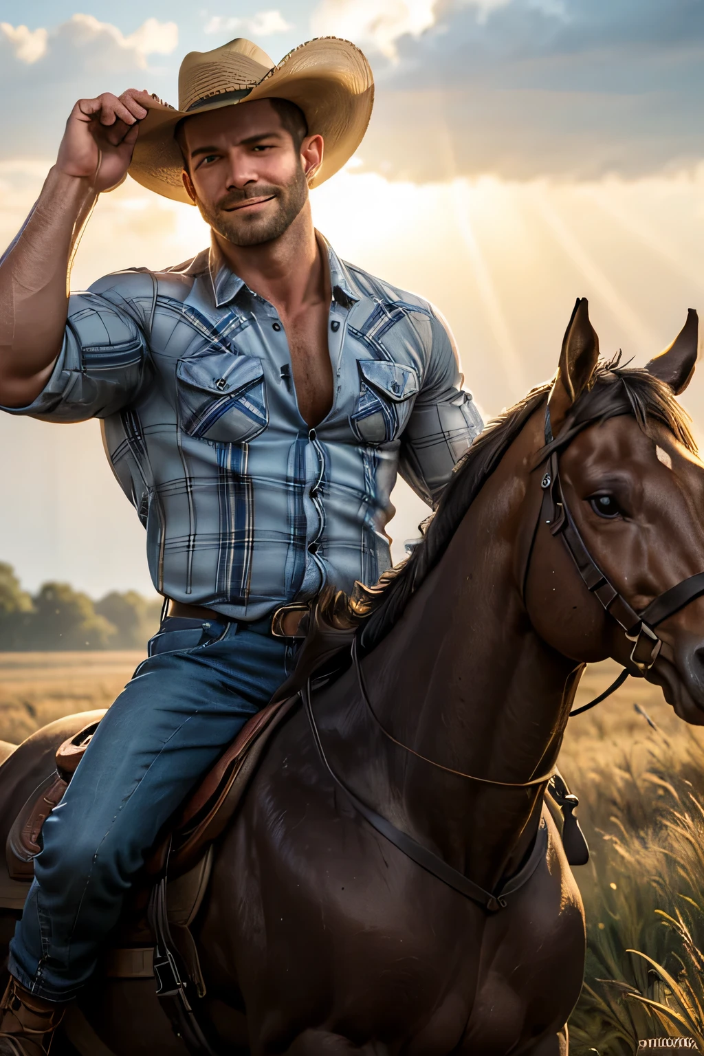 An award-winning original photo,A wild muscular man, (30 years old daddy:1.1), 1boy, Solo, (blue T jeans, open plaid shirt), (cowboy hat) (big shoulders), muscular, short hair, stubbles, Short beard, Beautiful eyes:1.3, ), (Detailed face:1.3), riding horse, smiles, Dynamic Angle, volumetric lighting, (Best quality, A high resolution, Photorealistic), Cinematic lighting, Masterpiece, RAW photo, Intricate details, hdr, depth of field, paddyfield in the background, from above, golden sunshine