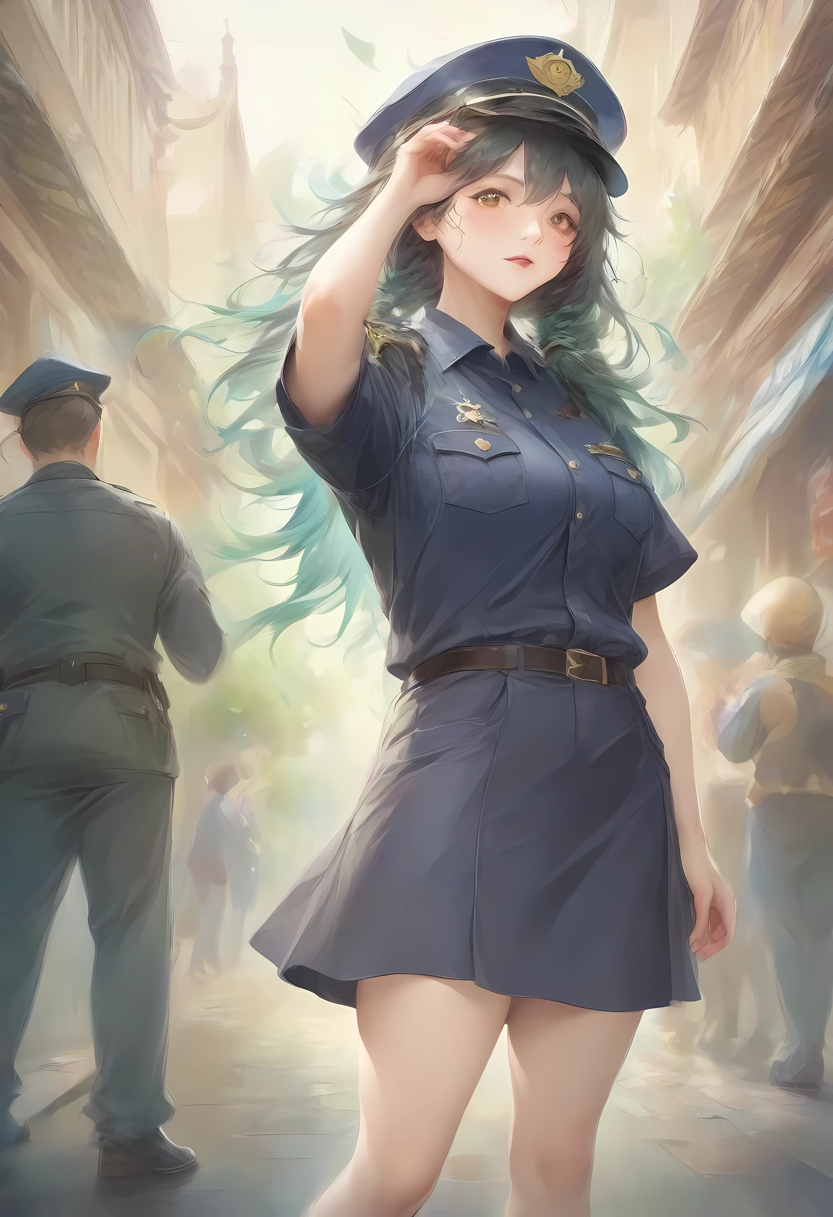 masterpiece, best quality, very aesthetic, absurdres, full body shot,(police costume:1.3), (button gap:0), police skirt, police cap, stockings with garter, on the crowed street, spirit of the wind, 1girl, byleth \(fire emblem\), fire emblem