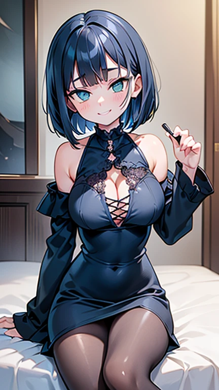 1girl, tan, tan skin, tan-skinned female, black hair, very short hair, pixie cut, one eye covered, hair over one eye, ((hair over one eye)), blue eyes, blue eye, smile, light smile, huge breasts, cleavage, thick thighs, black weater, sweater, sitting, bed, peace sign, full body, ((full_body))