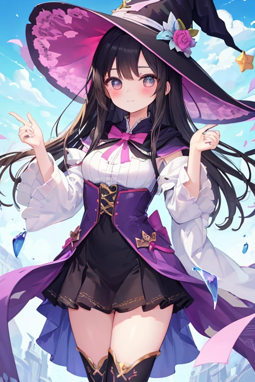 beautiful illustrations, highest quality, pretty girl,beautiful girl、clear face、 half girl、pastel colour 、blush、thighs、perfect hands、five fingers、witch、magic、fantasy、fantasy、black hair、straight hair、No expression