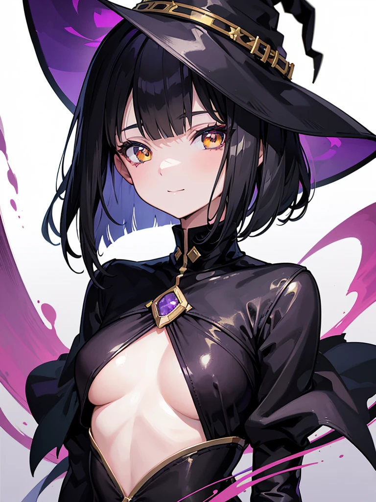 Witch's outfit, Anime-style portrait of a teen-ager girl with a deep violet bob cut, (Golden eyes), bright eyes, detailed eyes, baby-faced, eye contact with the camera, subtle smile, minimalistic background to emphasize character, high contrast, clean lines, digital painting, vivid colors