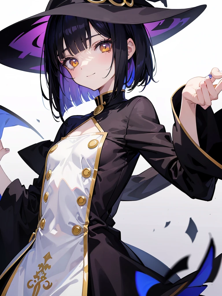 Witch's outfit, Anime-style portrait of a teen-ager girl with a deep violet bob cut, (Golden eyes), bright eyes, detailed eyes, baby-faced, eye contact with the camera, subtle smile, minimalistic background to emphasize character, high contrast, clean lines, digital painting, vivid colors