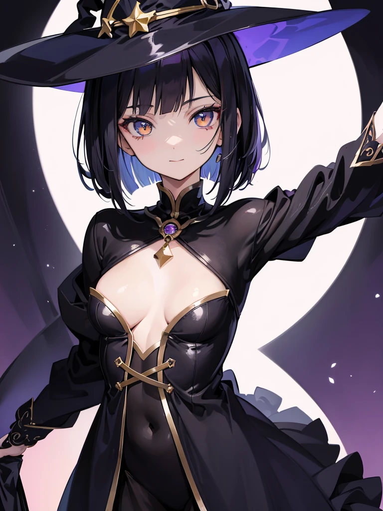 Witch's outfit, Anime-style portrait of a -agerrl with a deep violet bob cut, (Golden eyes), bright eyes, detailed eyes, baby-fa eye contact with the camera, subtle smile, minimalistic background to emphasize character, high contrast, clean lines, digital painting, vivid colors