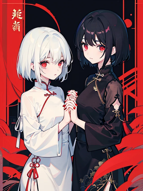 two women、short hair、Girl with black hair and black eyes、girl with white hair and red eyes、hold hands、China dress、cool