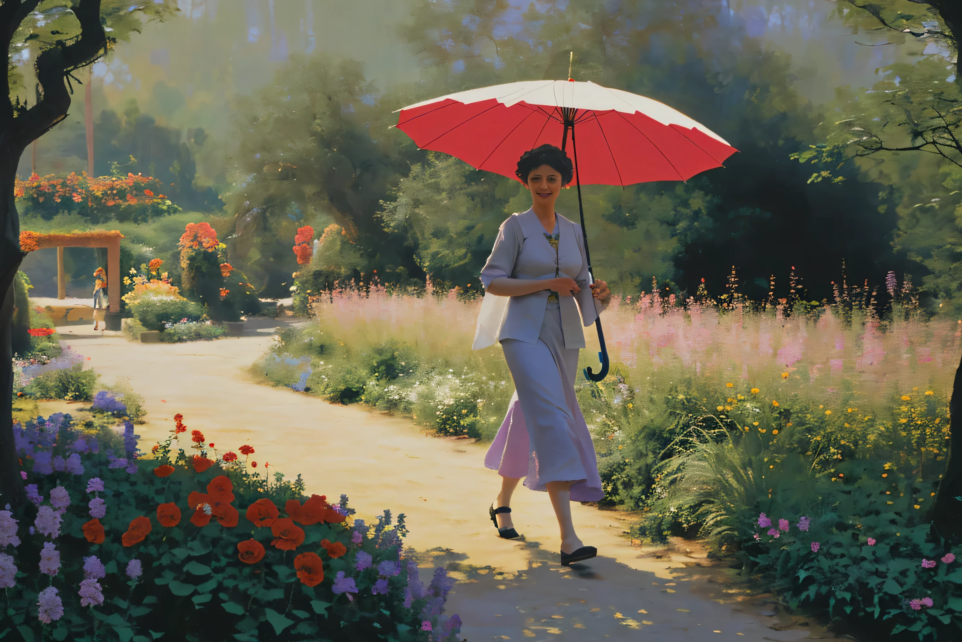 A woman holding an umbrella，In Monet&#39;s Garden（（On the path））walk，real people，Brightly colored flowers are everywhere，A long strip stretching into the distance，Forest in the distance，Like an oil painting，Photography，One person, two hands。《The umbrella handle is not long》