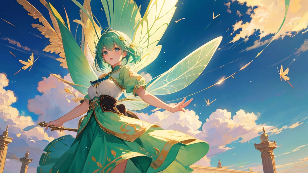 beautiful girl, mint colored hair, royal clothes, fairy wings, flying dragonflies, 8k resolution, sky