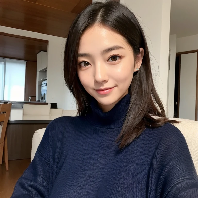 The eyes of a young, beautiful Japanese woman wearing a dark blue sweater who was lying on the sofa looking at me, tilting her head and smiling. Focal length 100mmf/2.8, spring night, living room on the upper floor of a high-rise apartment, well-shaped face, smile of trust, smile of satisfaction, sweaty face, toned body, dark blue sweater, naked lower body, pubic hair, the best Realistic female genitalia, close-up facial expressions, realism, 8K image quality, highest quality.