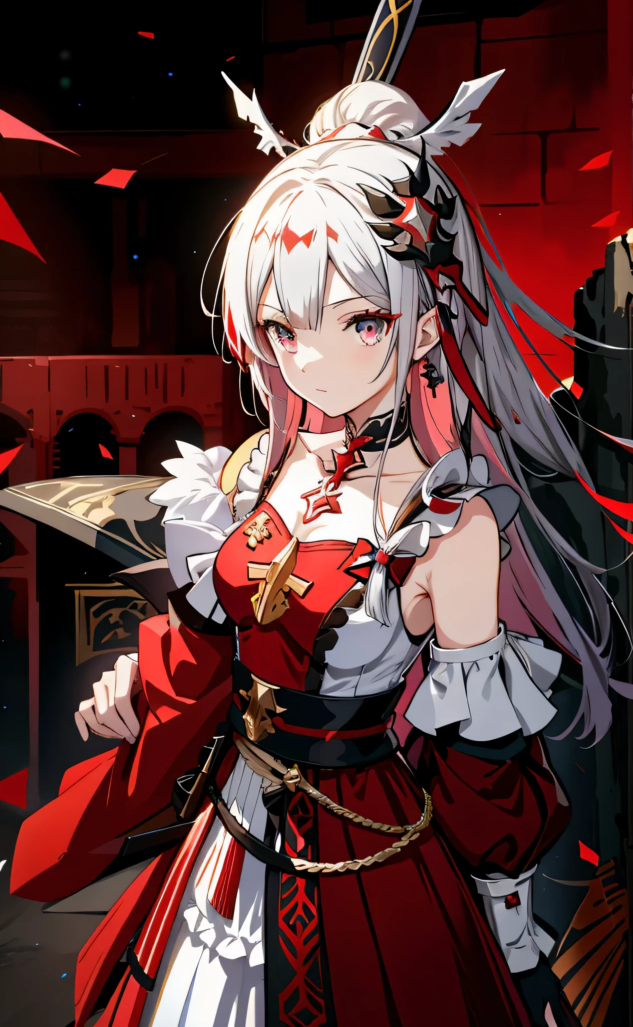 Wearing a red and white dress、Anime girl holding a sword and armor, Edelgard Fire Emblem, Fire Emblem Edelgard, from Arknights, girls frontline style, goth girl anime girl, from girls frontline, fine details. girls frontline, From《Azur route》video game, Ayaka original god impact, best anime 4k konachan wallpapers, anime style 4k