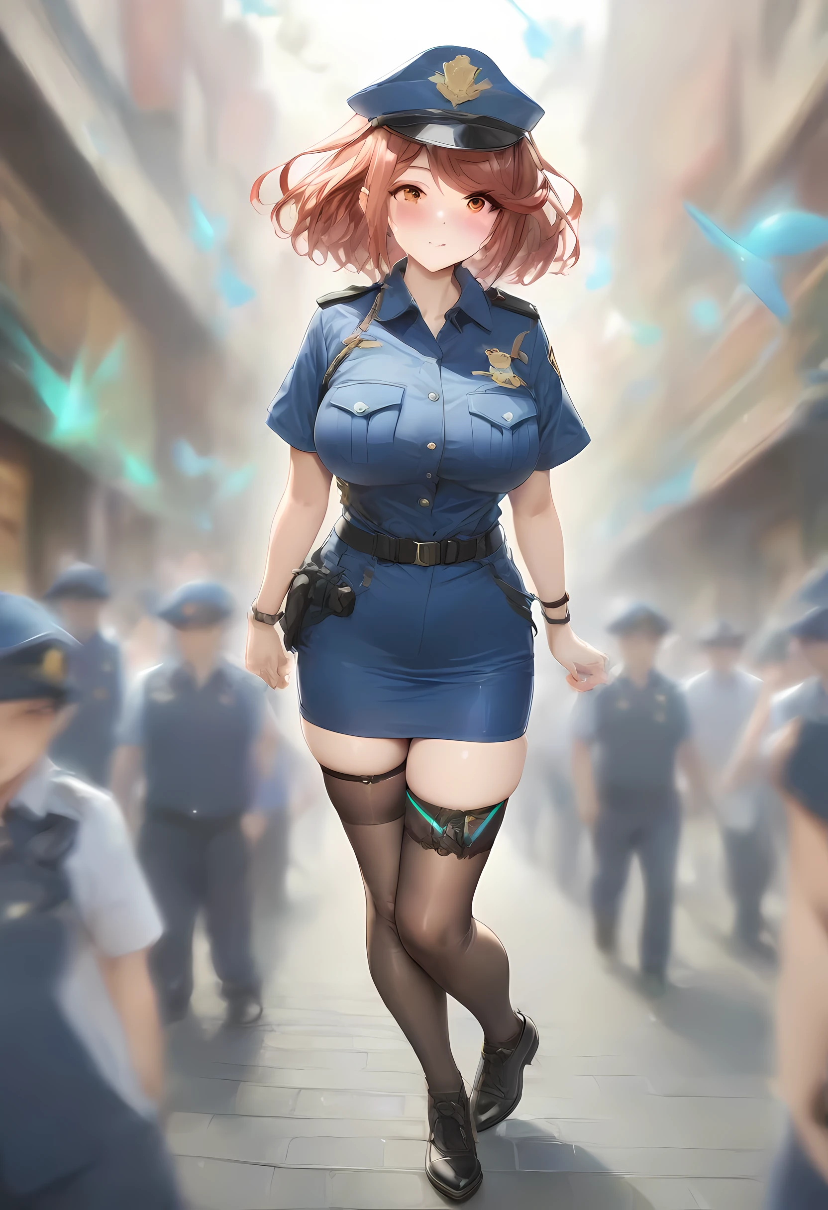 masterpiece, best quality, very aesthetic, absurdres, full body shot,(police costume:1.3), (button gap:0), police skirt, police cap, stockings with garter, on the crowed street, spirit of the wind, 1girl, pyra \(xenoblade\), xenoblade chronicles \(series\)