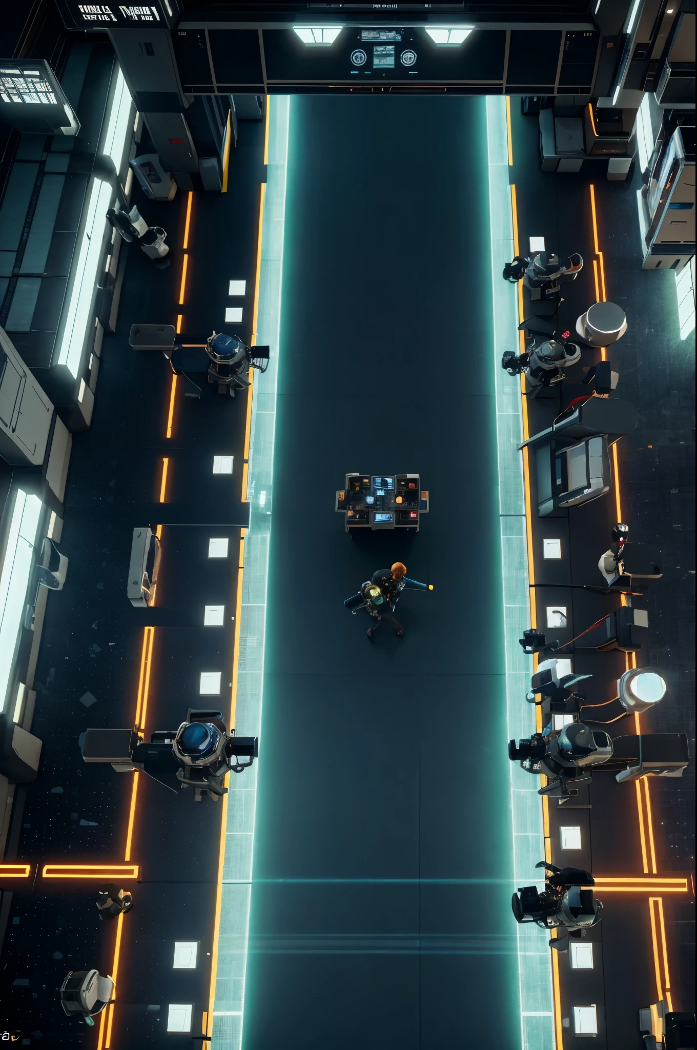 top view game,man passing through lab crowded with scientists that are observing using hologram machine,no man's sky style world ,halo world color style but redish,dark bckground,futurestic