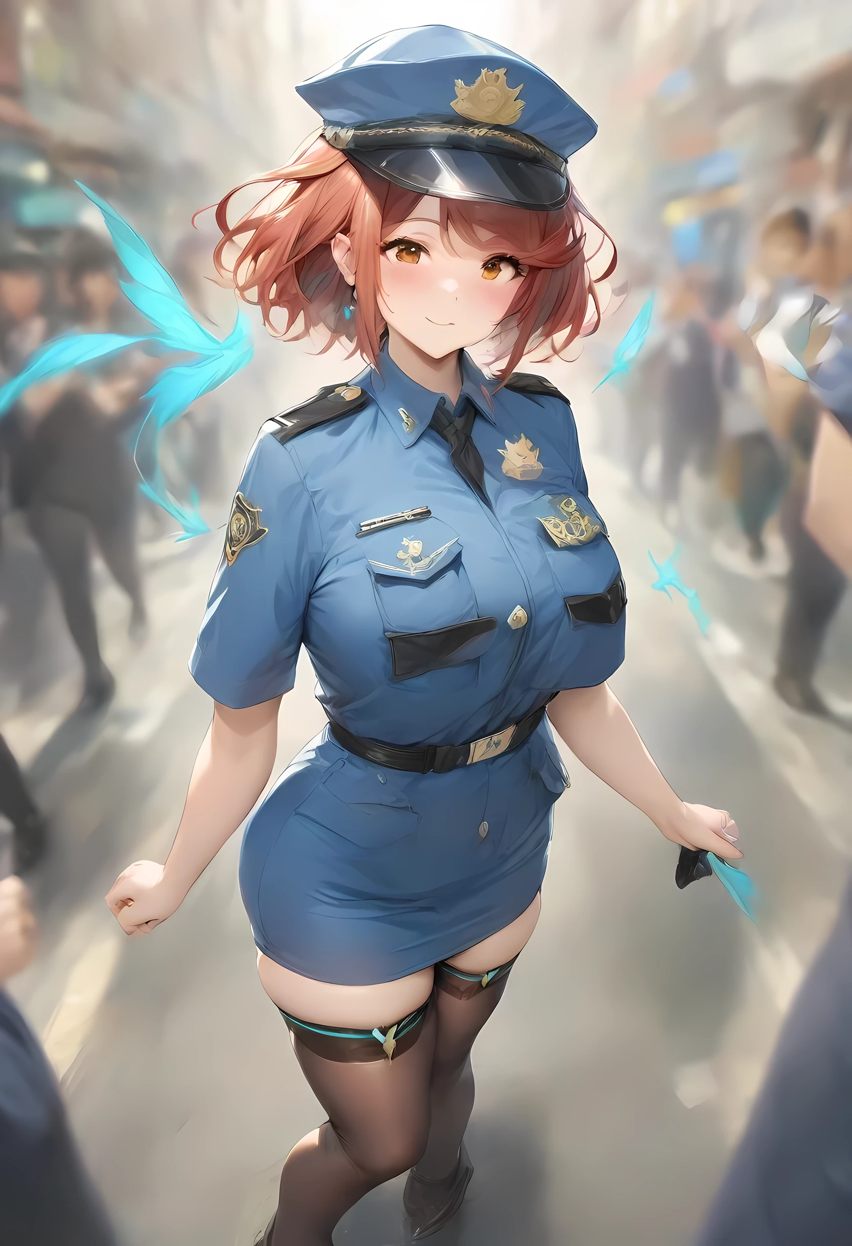 masterpiece, best quality, very aesthetic, absurdres, full body shot,(police costume:1.3), (button gap:0), police skirt, police cap, stockings with garter, on the crowed street, spirit of the wind, 1girl, pyra \(xenoblade\), xenoblade chronicles \(series\)