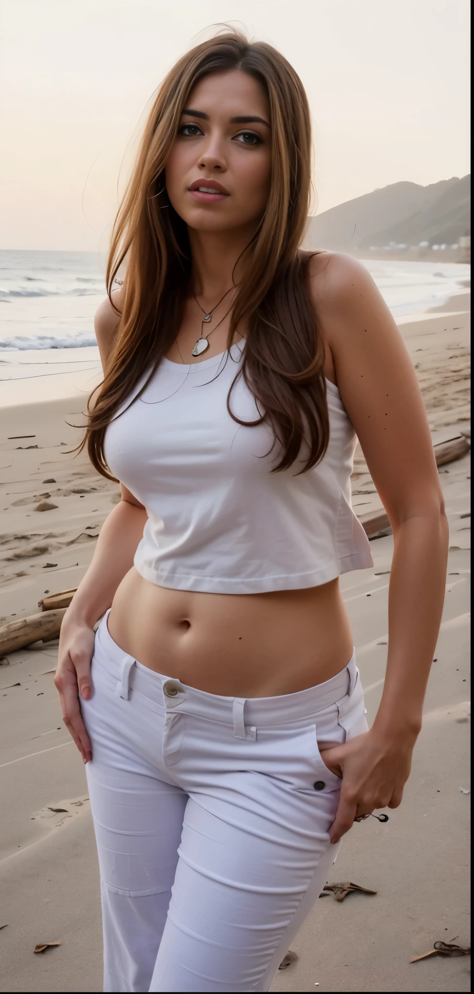 arafed woman in Topo branco and blue pants on beach, her belly button is exposed, a menor barriga de todos os tempos, Physicist : a menor barriga de todos os tempos, apenas barriga magra, linda barriga, usando um top cropped sexy, peito achatado, top branco, umbigo aparecendo, barriga exposta, Topo branco
