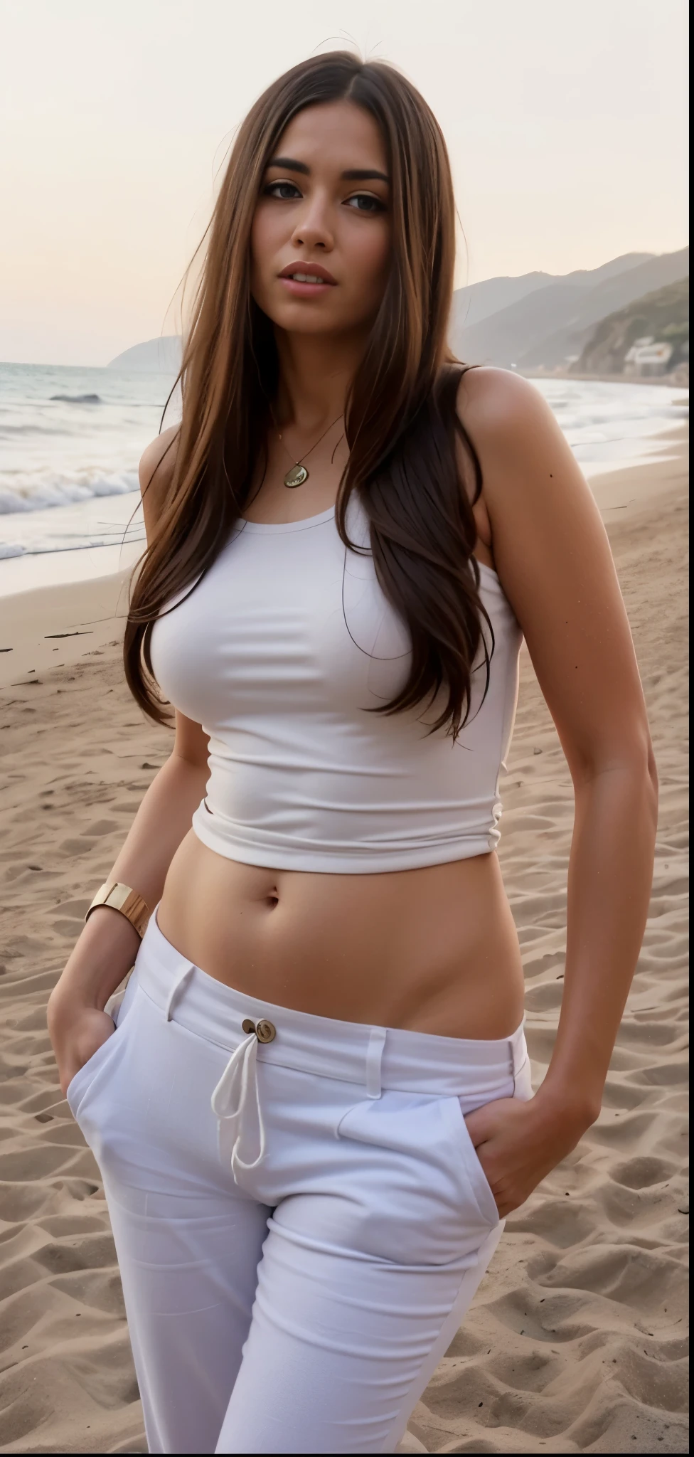 arafed woman in Topo branco and blue pants on beach, her belly button is exposed, a menor barriga de todos os tempos, Physicist : a menor barriga de todos os tempos, apenas barriga magra, linda barriga, usando um top cropped sexy, peito achatado, top branco, umbigo aparecendo, barriga exposta, Topo branco