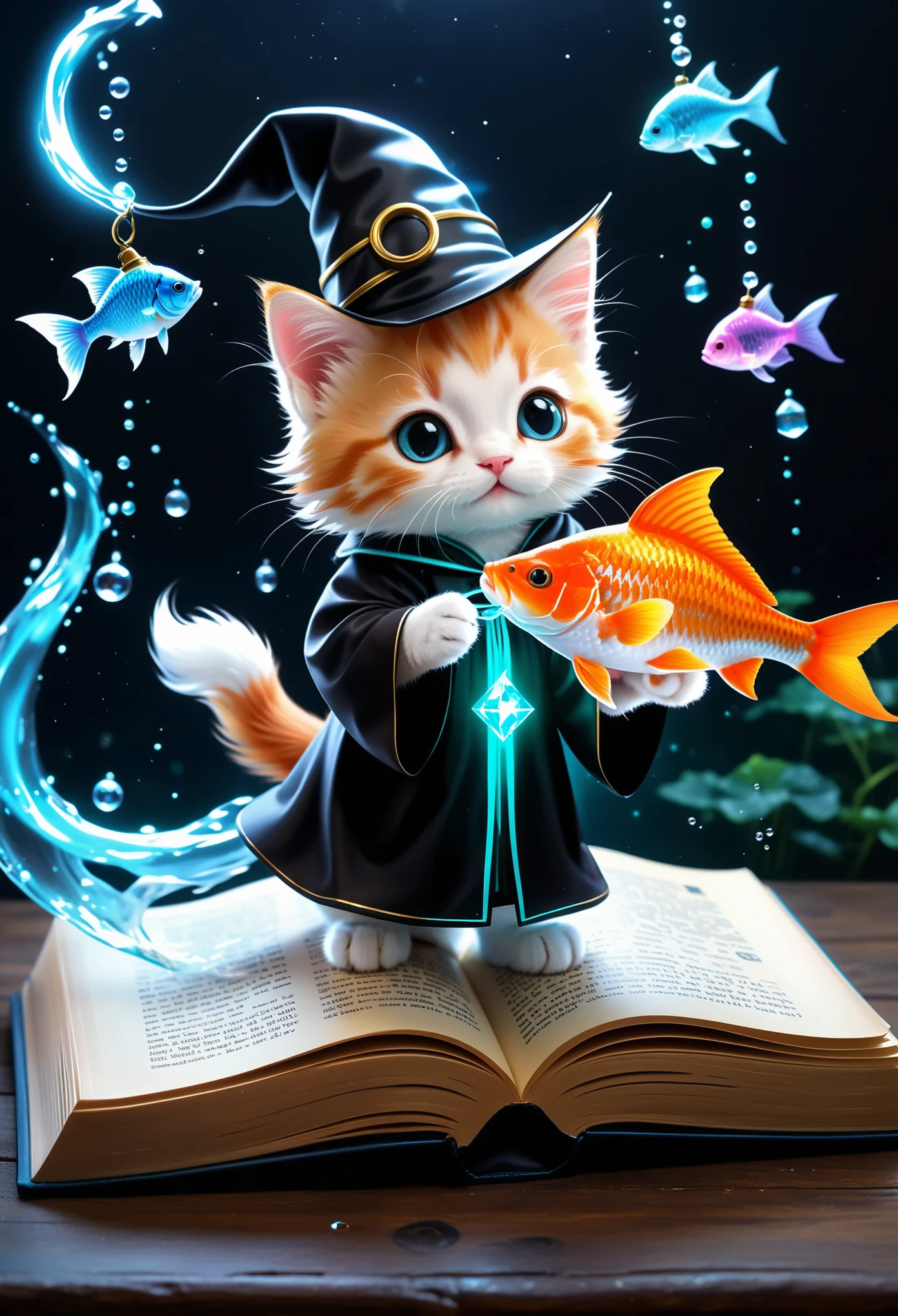 amazing quality, masterpiece, best quality, hyper detailed, ultra detailed, UHD, perfect anatomy, magic world,
(kitten and fish:1.4), fish in the air, spell magic to get fresh fish as food,( fish jumping from magic book:1.3), energy flow,
a full body of a cute kitten, kawaii, wearing witches robe, witches hat, holding magic book, magic book on one hand, spell magic,
hkmagic,
extremely detailed,
glowneon, glowing,