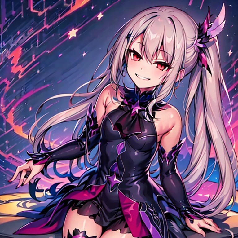 (high-res, 4k, best quality:1.2), vibrant colors, dreamlike lighting, detailed floral background, evil smile, alone, ponytail, star hairpins, black feather hairpin, detailed nail art