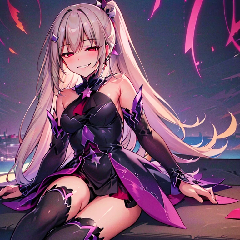 (high-res, 4k, best quality:1.2), vibrant colors, dreamlike lighting, detailed floral background, evil smile, alone, ponytail, star hairpins, black feather hairpin, detailed nail art