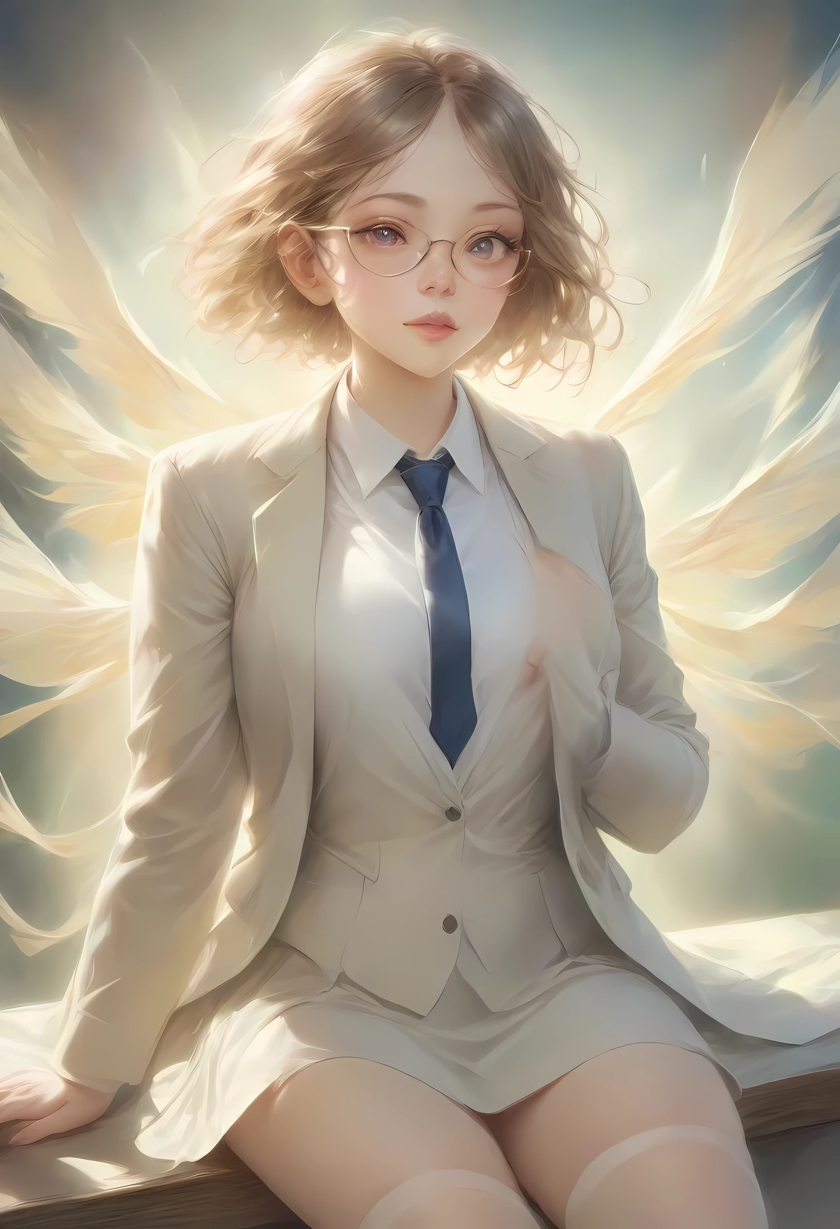 (8K, top-quality, masterpiece: 1.2), (realistic, Photorealistic: 1.2), Intelligent secretary with a curvaceous figure, wearing a (well-tailored business suit:1.5), (Elegant posture: 1.3), Sitting at a desk, (Beautifully detailed eyes: 1.5), (Blonde hair: 1), (short hair: 1.1), Wearing glasses with a professional look, (Her suit jacket and white shirts are buttoned:1.5), (Polished shoes: 1.1), (Detailed suit fabric: 1.0),  thigh high stockings, (necktie:1.5), (middle skirt:1.5), spirit of the wind
