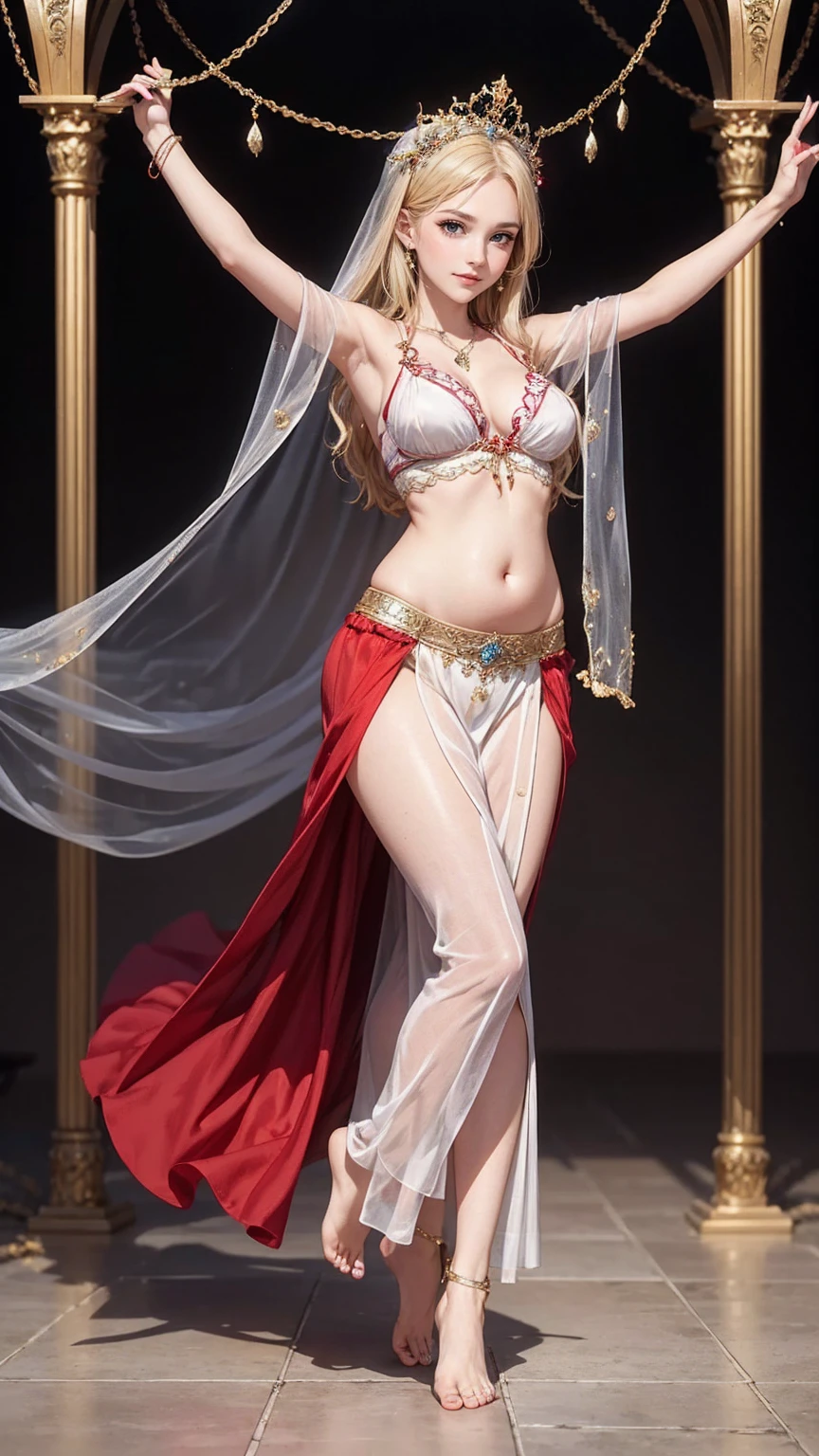 (最high quality, 8K, masterpiece: 1.3, Ultra HD, high quality, 最high quality, High resolution, realism)) 、25 year old white woman、platinum blonde、blue eyes、long hair、smile、slender、slenderだがアスリートのような細マッチョ、I don&#39;t want my head to disappear from the screen.、Wear accessories on your wrist、Wearing red nail polish、I have a peticure、wear colorful belly dance costumes、Being barefoot、Beautiful breasts、Beautiful buttocks、Beautiful waist、smile、art nouveau background、Petals dance violently across the screen、belly dance vigorously、I have a veil on my head、hide one&#39;s face with a veil、twist your waist、sensual、Lively、Outstanding style、The costume is erotic((erotic))