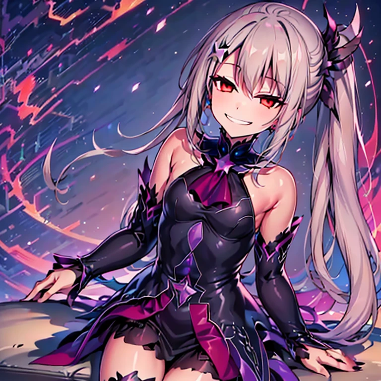 (high-res, 4k, best quality:1.2), vibrant colors, dreamlike lighting, detailed floral background, evil smile, alone, a ponytail, star hairpins, black feather hairpin, detailed nail art