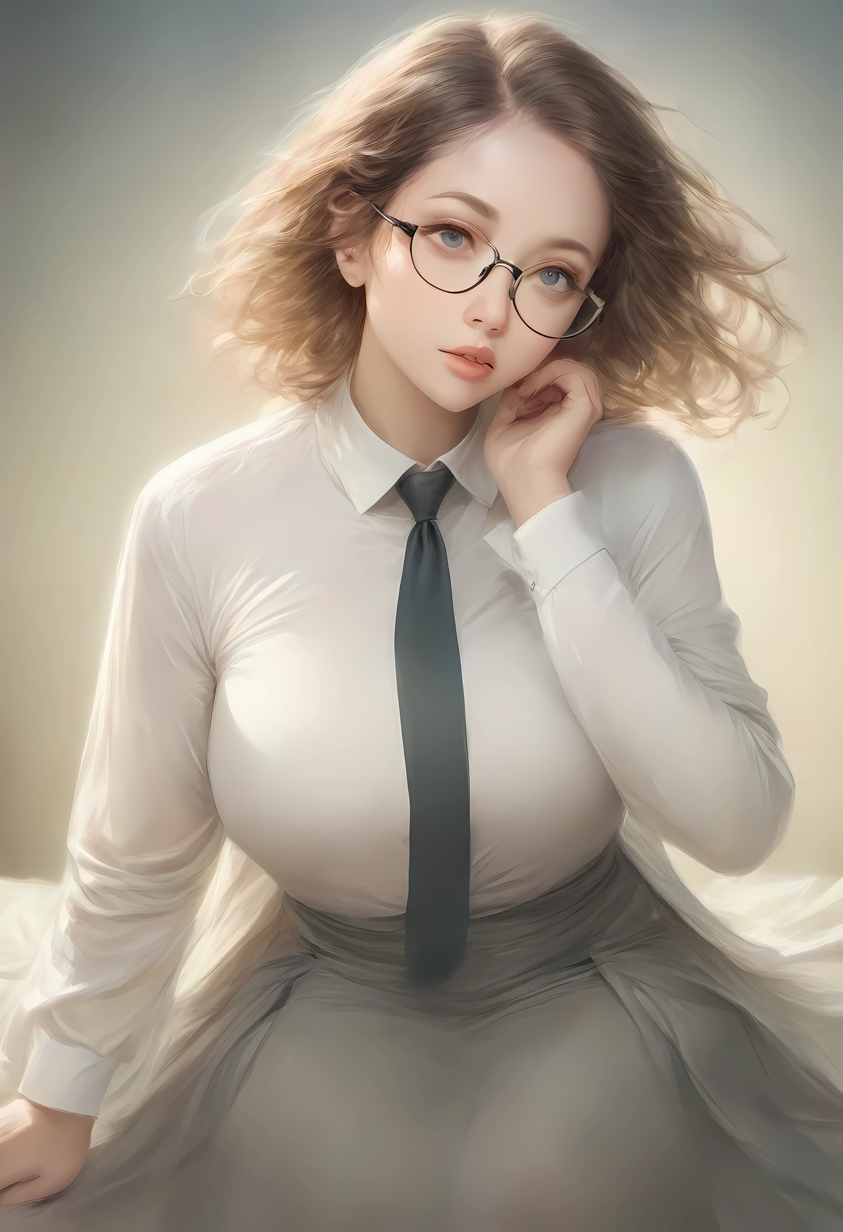 (8K, top-quality, masterpiece: 1.2), (realistic, Photorealistic: 1.2), Intelligent secretary with a curvaceous figure, wearing a (well-tailored business suit:1.5), (Elegant posture: 1.3), Sitting at a desk, (Beautifully detailed eyes: 1.5), (Blonde hair: 1), (short hair: 1.1), Wearing glasses with a professional look, (Her suit jacket and white shirts are buttoned:1.5), (Polished shoes: 1.1), (Detailed suit fabric: 1.0), thigh high stockings, (necktie:1.5), (middle skirt:1.5), spirit of the wind