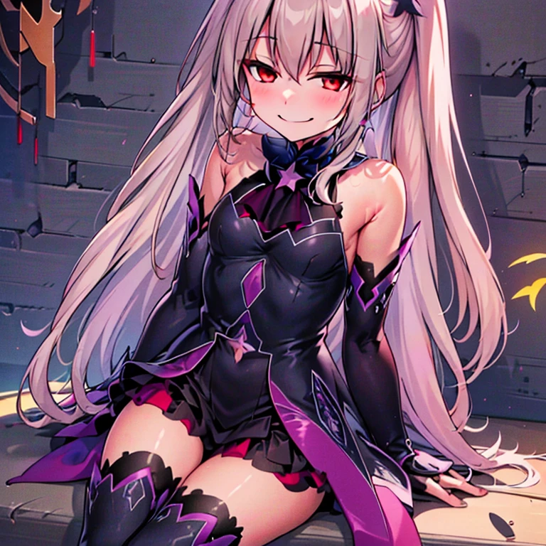 (high-res, 4k, best quality:1.2), vibrant colors, dreamlike lighting, detailed floral background, evil smile, alone, star hairpins, black feather hairpin, detailed nail art