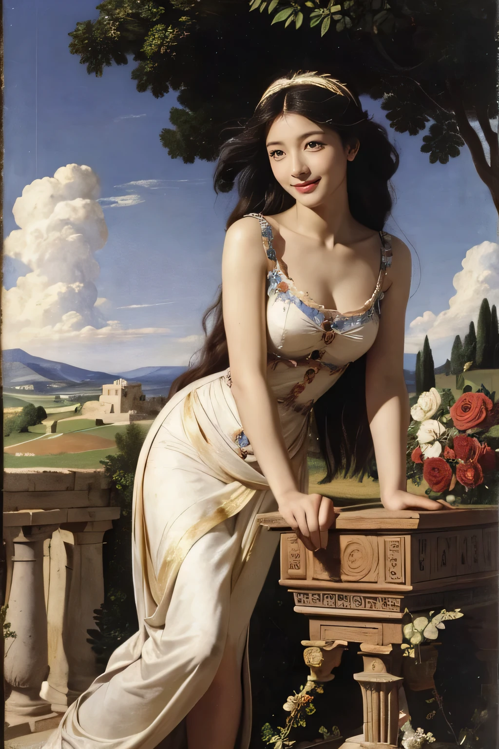 full body portrait or statue、Giorgione painting style,Arguments of two female Philosophe,math、astronomical machine、astronaut、roses in vase、fruits、Cute trinkets、smile、ancient greek costume、Ancient Roman landscape in the style of Nicolas Poussin,laughter,,Sweet and seductive appearance.、Caravaggio's paintings、Chiaroscuro of Caravaggio、hair tousled by the wind,Two women frolicking,cute smile, expression of ecstasy,Sexy,erotic