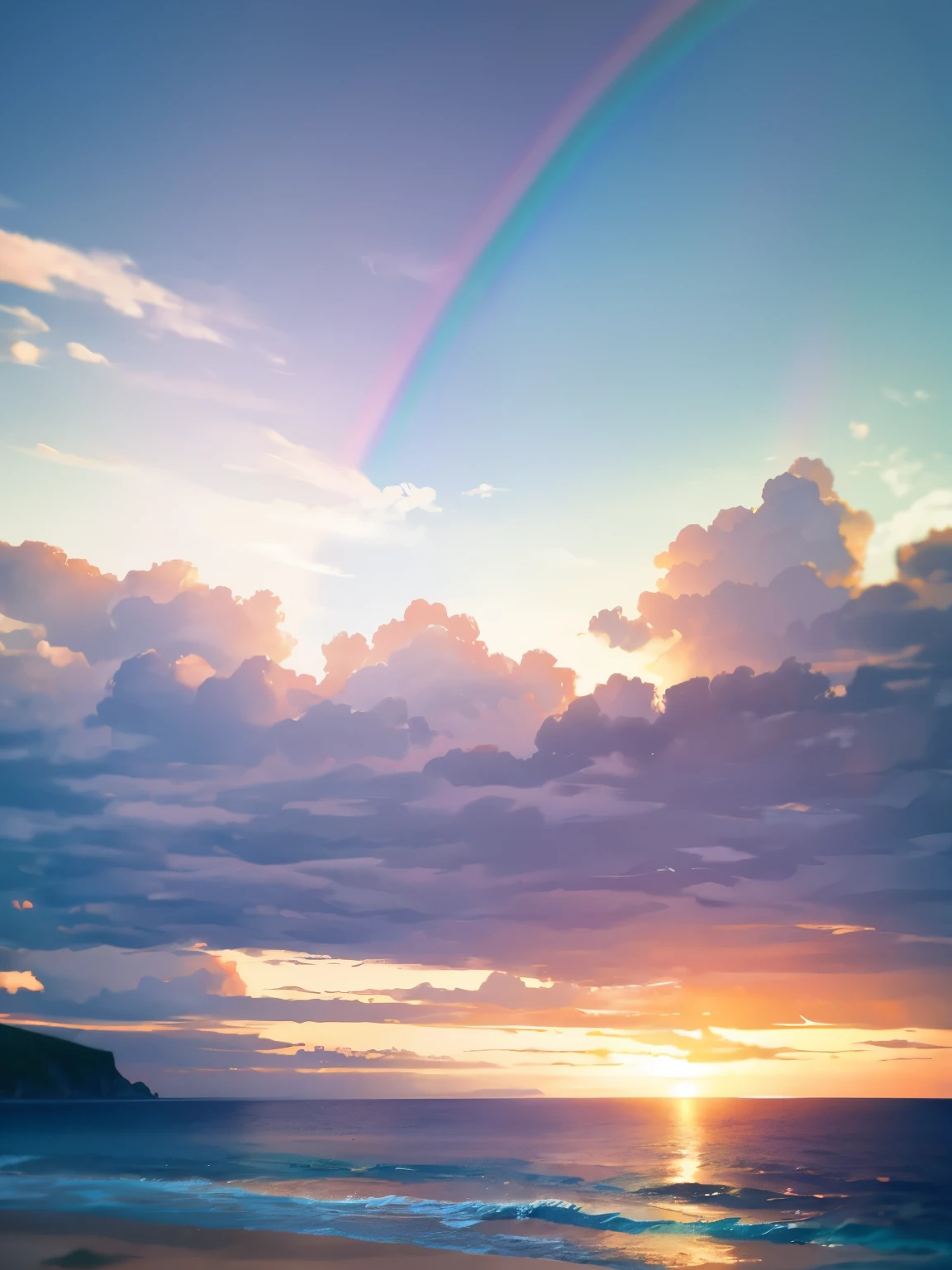 Breathtaking scene of a rainbow appearing over the tranquil ocean, a setting sun casting warm hues across the horizon, ultra-detailed representation, high quality rendering in 8k resolution.