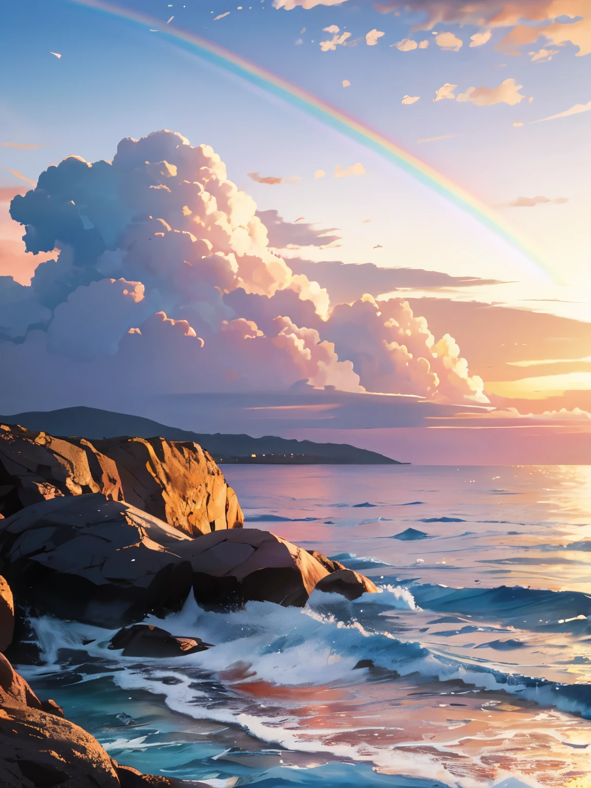 Breathtaking scene of a rainbow appearing over the tranquil ocean, a setting sun casting warm hues across the horizon, ultra-detailed representation, high quality rendering in 8k resolution.