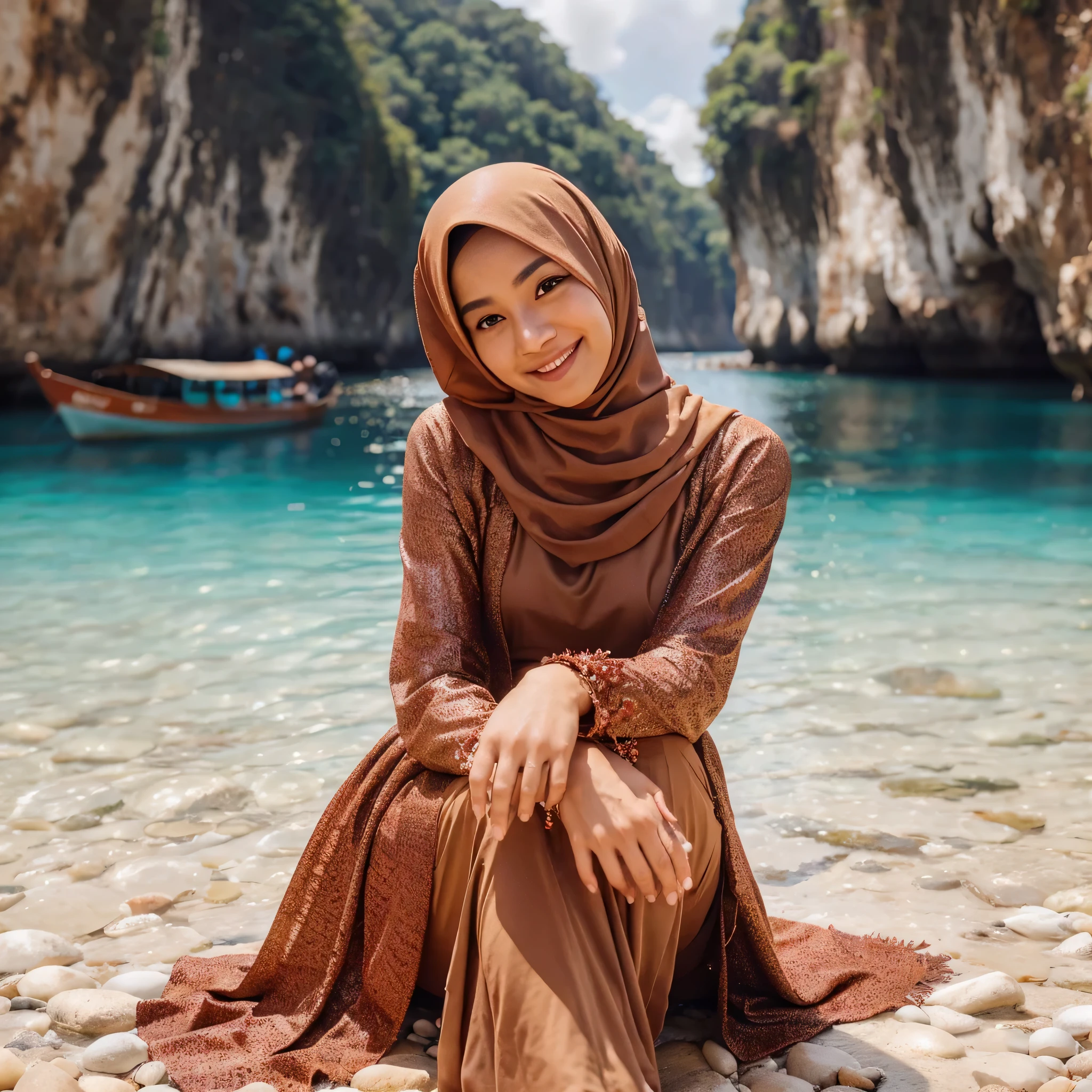 realistic image, shiny caramel skin HD 4K full color Indonesian hijab woman wearing a brown kebaya suit. Her embodies a dynamic and youthful spirit, sitting dynamically, smiling and looking grateful. The background is a lagoon with clear water, visible white pebbles at the bottom. The surrounding cliffs frame the view, with a small boat anchored near the shore. The surface of the water shimmered under the light. very detailed