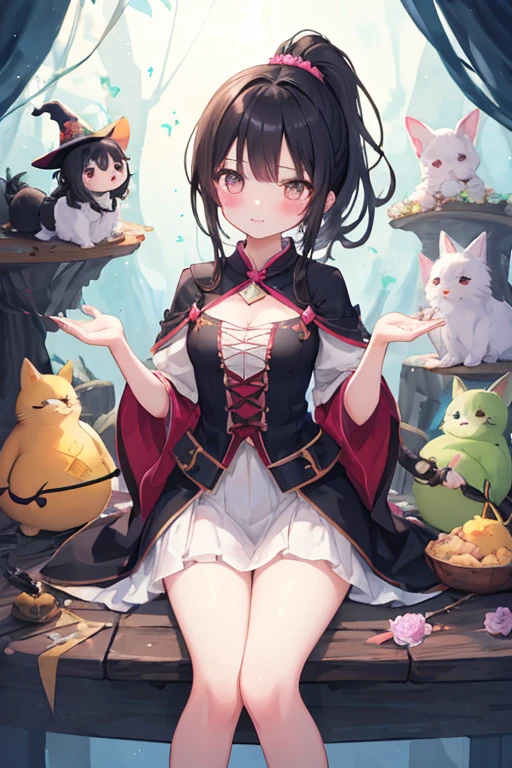 beautiful illustrations, highest quality, pretty girl,beautiful girl、clear face、 half girl、pastel colour 、blush、thighs、perfect hands、five fingers、witch、magic、fantasy、fantasy、black hair、ponytail、No expression