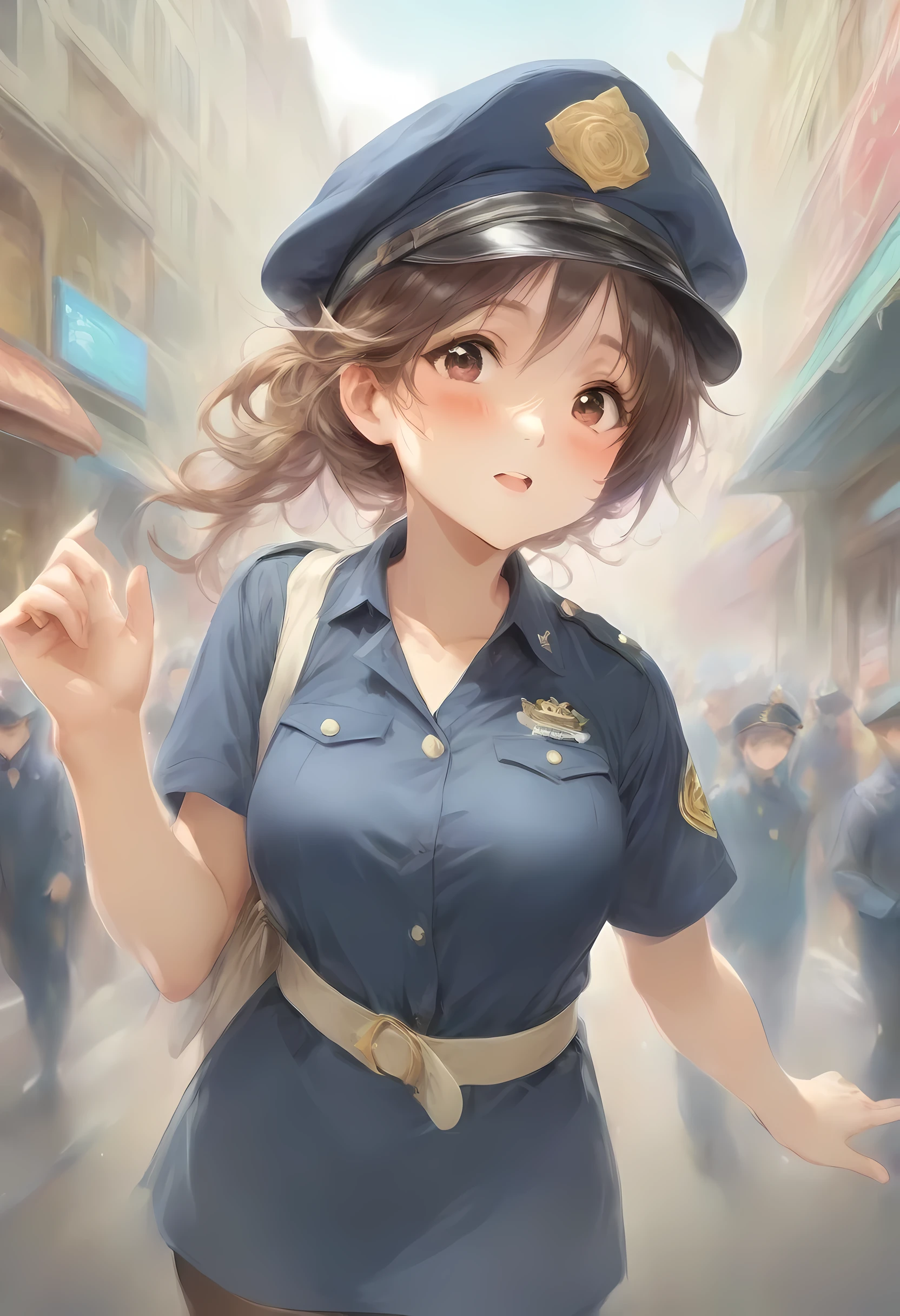 masterpiece, best quality, very aesthetic, absurdres, full body shot,(police costume:1.3), (button gap:0), police skirt, police cap, stockings with garter, on the crowed street, spirit of the wind, 1girl, hirasawa ui, k-on!