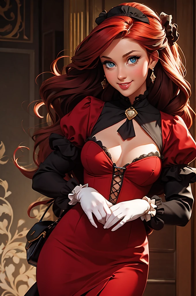 A sexy/cute, historicially acurate dickensian lady sweet/wholesome skinney , Traditional/conservative dress. Exudes love, conservative values. Thick Red hair. elegant dickensian dress. , fair-skinned woman, view viewer, Face Madura, Delicate gloves,, attractive look, impressive woman, romantic mood. Excited, happy, smileing, laughing.. Prudishly dressed. Paris Hilton