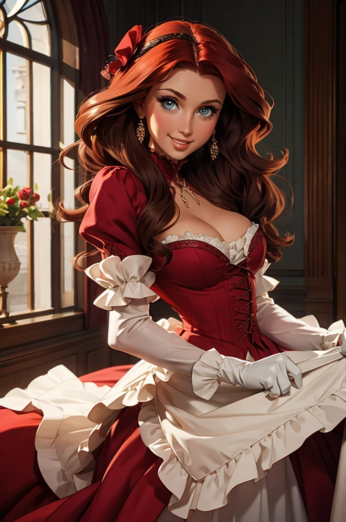 A sexy/cute, historicially acurate dickensian lady sweet/wholesome skinney , Traditional/conservative dress. Exudes love, conservative values. Thick Red hair. elegant dickensian dress. , fair-skinned woman, view viewer, Face Madura, Delicate gloves,, attractive look, impressive woman, romantic mood. Excited, happy, smileing, laughing.. Prudishly dressed. Paris Hilton
