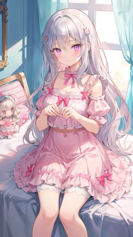 Masterpiece, beautiful illustration, best quality, cute girl, bedroom, pastel color, doll-like girl, two-piece frilled lingerie, , silver long hair, bright lighting, light pink eyes