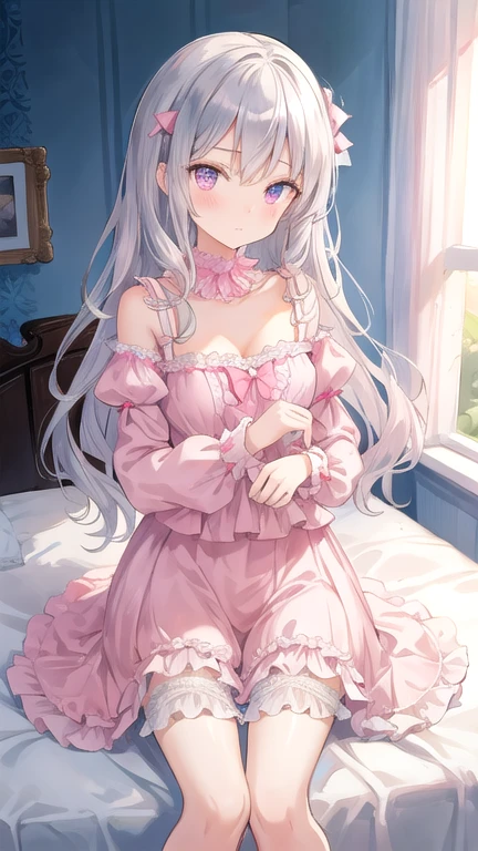 Masterpiece, beautiful illustration, best quality, cute girl, bedroom, pastel color, doll-like girl, two-piece frilled lingerie, , silver long hair, bright lighting, light pink eyes