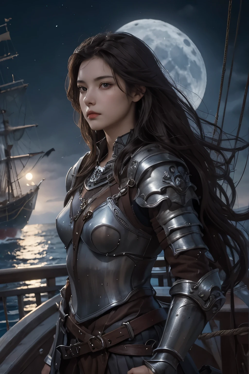 A beautiful woman. Dark brown hair. She wears beautiful silver armor. She is looking at the camera with a defiant expression. She is standing on the deck of a galleon. The moonlight shines on her.