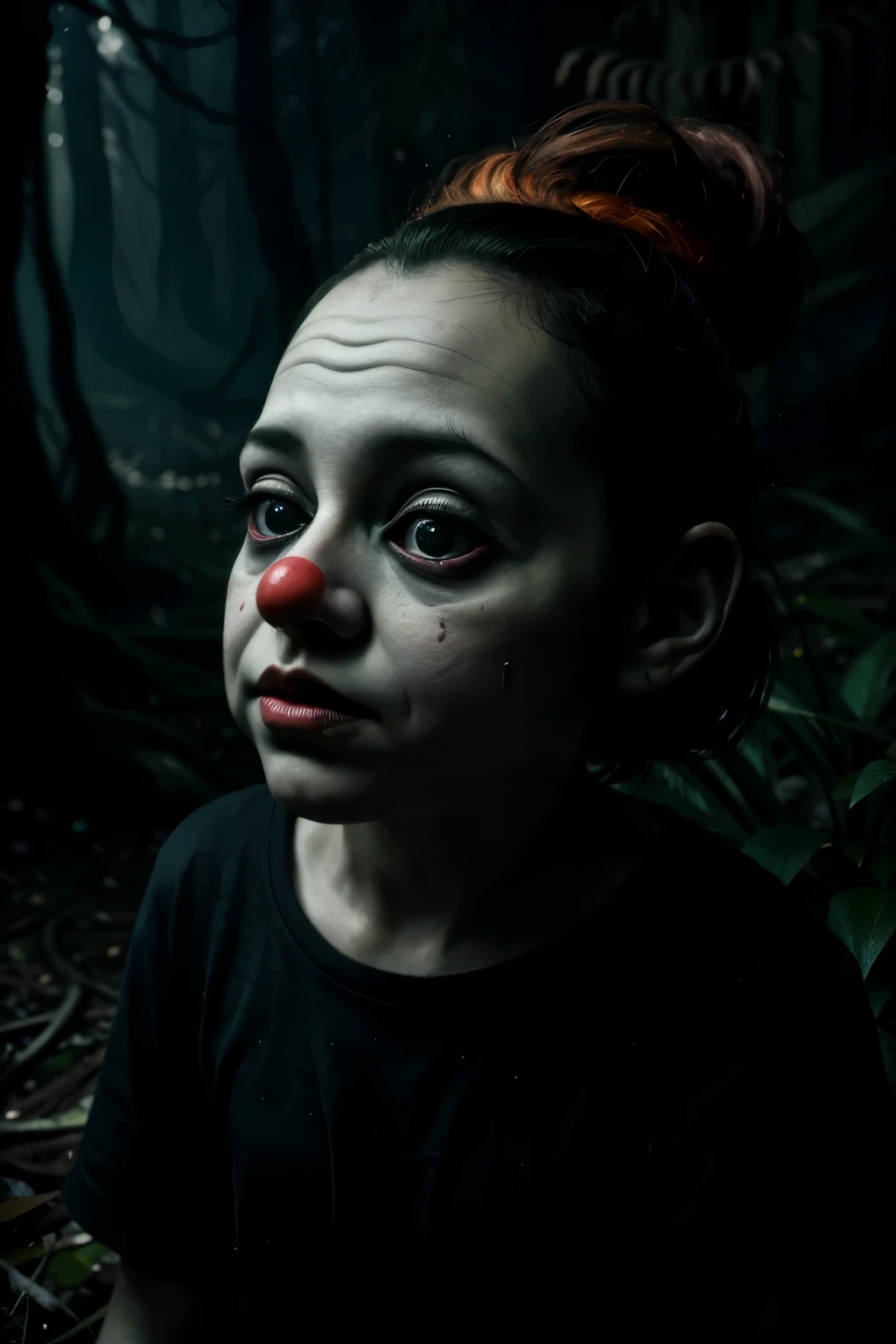 In the depths of a mysterious forest, a clown alien baby emerges from the shadows, its black eyes piercing through the darkness with an eerie glow. The accurate rendering of its elongated nose and twisted features infuses a sense of horror and mysticism into the scene. A flicker of fire illuminates the surrounding area, casting long, ominous shadows as the baby's otherworldly presence sends chills down the viewer's spine. This intricate and detailed illustration transports you into a dark fantasy realm, heightening the sense of unease and unearthly allure. (Best quality, HDR, sharp focus, masterpiece, cinematic lighting, 8K)
