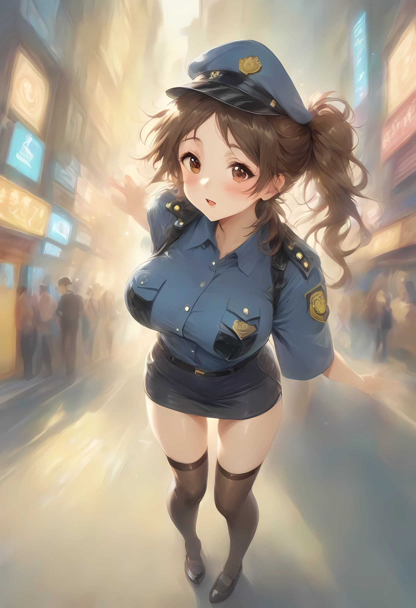 masterpiece, best quality, very aesthetic, absurdres, full body shot,(police costume:1.3), (button gap:0), police skirt, police cap, stockings with garter, on the crowed street, spirit of the wind, 1girl, hirasawa ui, k-on!