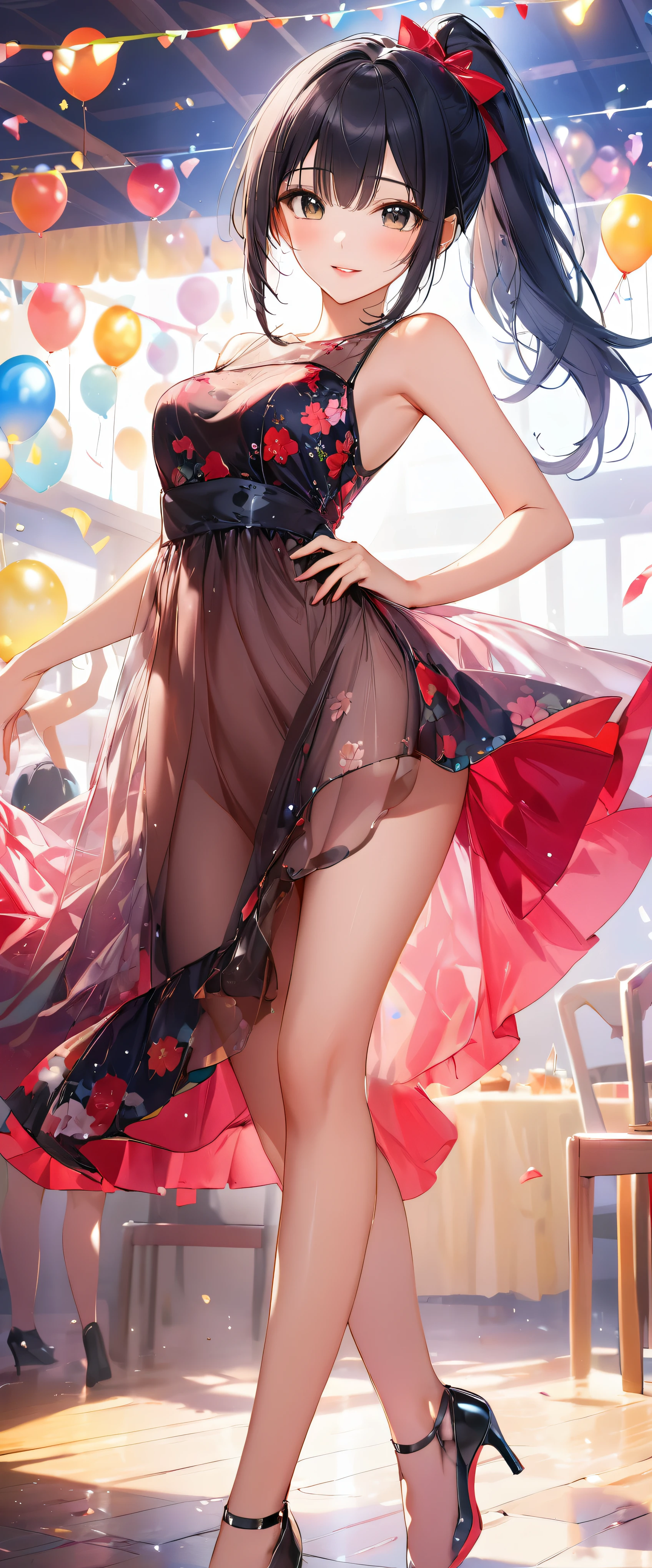 (masterpiece,highest quality,超A high resolution),japanese woman, (((Very beautiful 25 year old girl))), pretty girl、look at the photographer、 ((beautiful low ponytail)), super cute face, glossy lips, double eyelids in both eyes,natural smile、 natural makeup, long eyelashes, Shiny and smooth hair、, perfect limbs, perfect anatomy,(((party dress))、party venue,Pose with movement,black hair,See-through