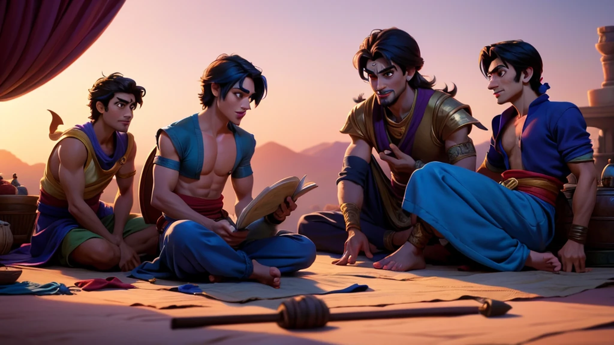 Aladdin and his friends, the Genie and the magic carpet, devising a plan to stop Jafar.