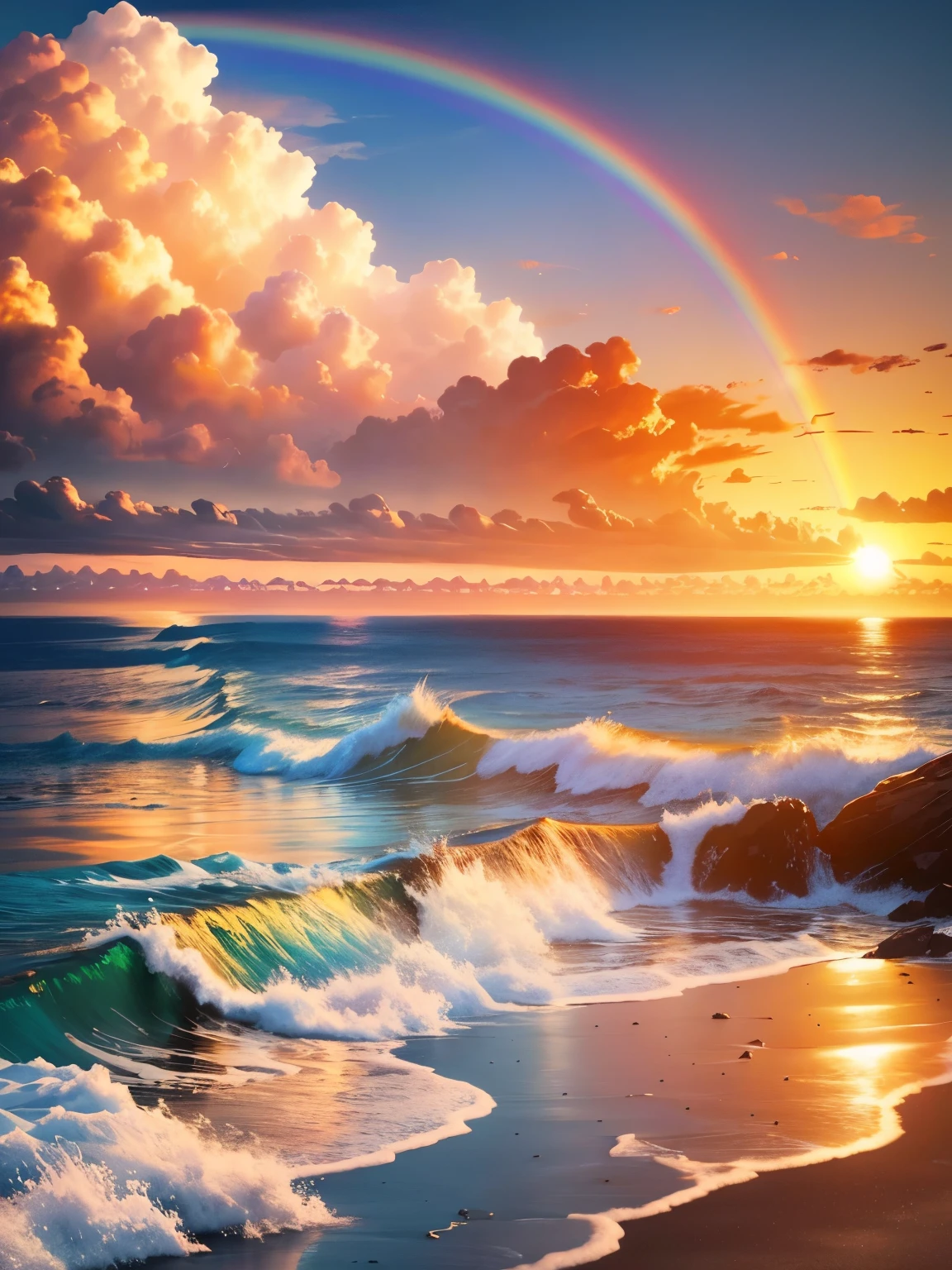 Breathtaking scene of a rainbow appearing over the tranquil ocean, a setting sun casting warm hues across the horizon, ultra-detailed representation, high quality rendering in 8k resolution.