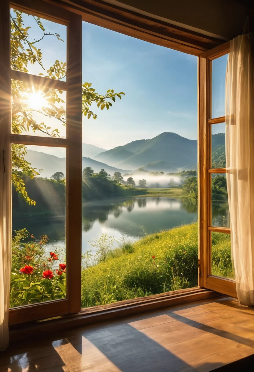 1girl, The View Outside the Window, (4k,8k,highres,:1.2),ultra-detailed,(realistic,photorealistic,photo-realistic:1.37),indoor view,window view,outside scene,outdoor scenery,breathtaking landscape,panoramic view,serene atmosphere,clear blue sky,rolling hills,green meadows,colorful flowers,trees swaying in the wind,sun shining brightly,golden sunlight streaming in through the window,glimmering lake in the distance,crystal-clear water,reflection of the sky on the water surface,lush forests,majestic mountains on the horizon,peaceful countryside,tranquil setting,quiet ambiance,gentle breeze rustling the leaves,morning mist over the fields,tiny birds chirping,soft rays of sunlight illuminating the room,nature's beauty at your doorstep,serenity of the outside world,boundless beauty right outside the window . masterpiece, best quality, very aesthetic, absurdres, aesthetic