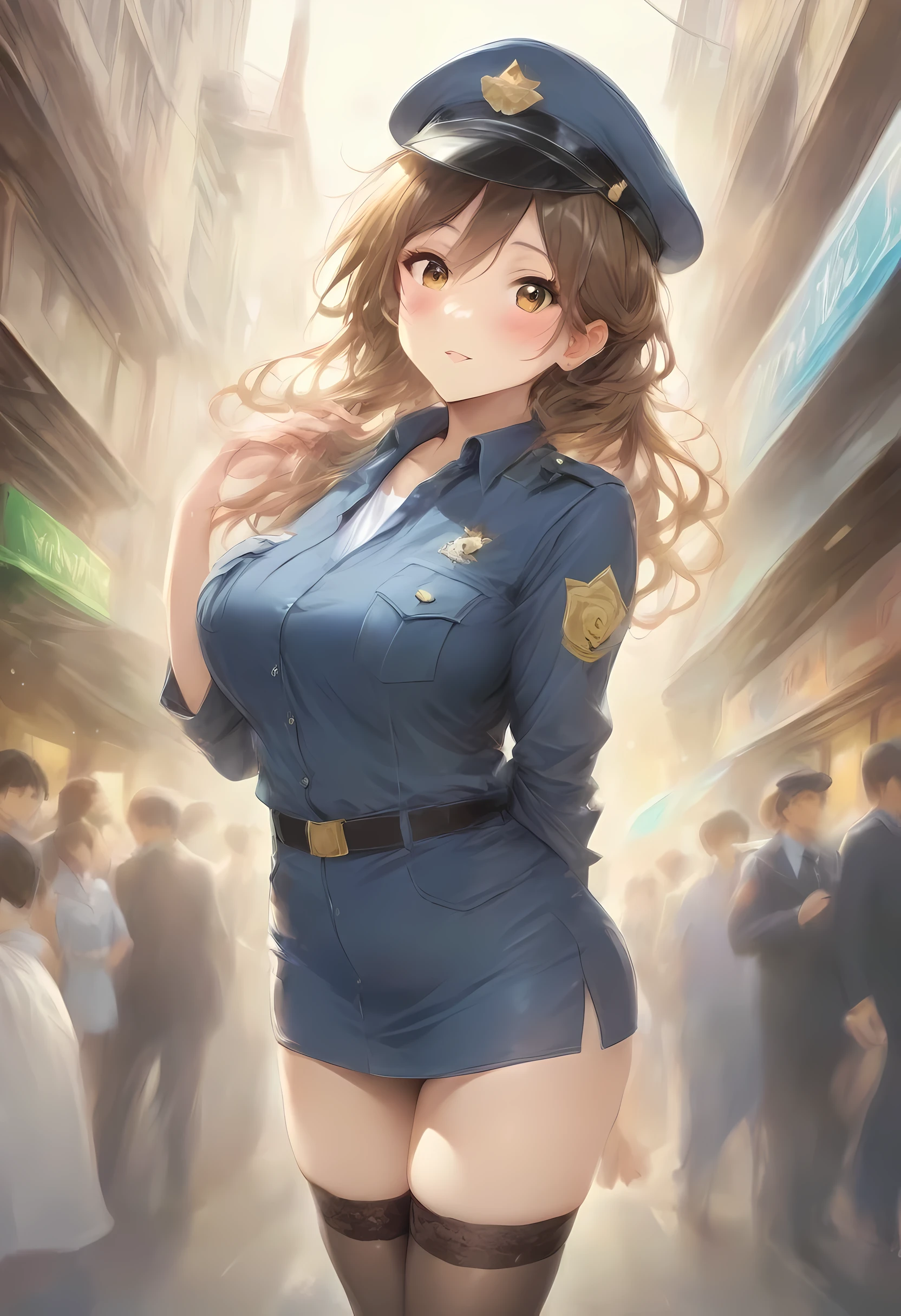 masterpiece, best quality, very aesthetic, absurdres, full body shot,(police costume:1.3), (button gap:0), police skirt, police cap, stockings with garter, on the crowed street, spirit of the wind, 1girl, nishikigi chisato, lycoris recoil